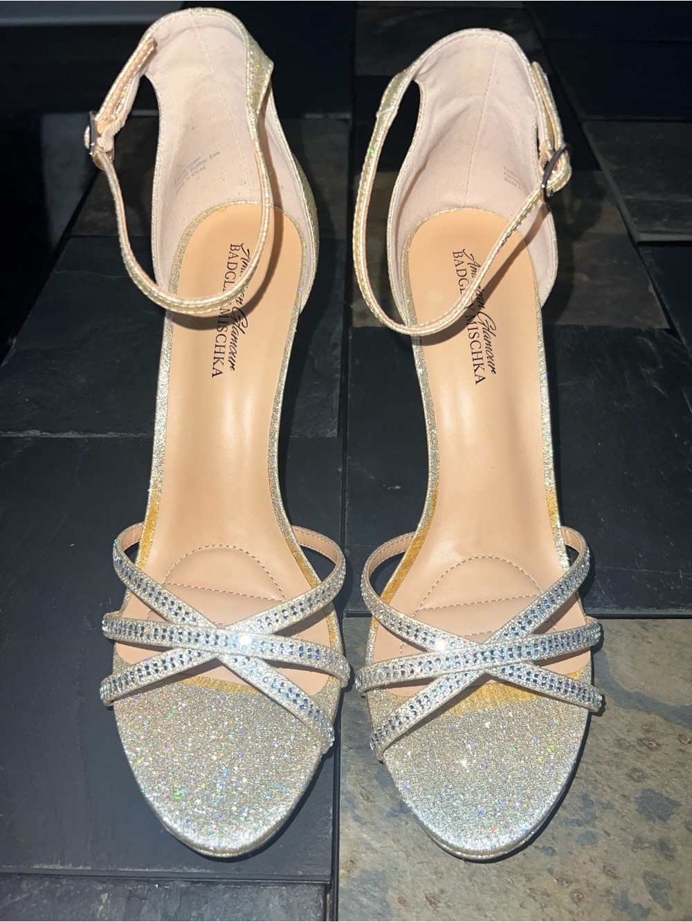Badgley Mischka Gold Glitter Ankle-Strap Sandals